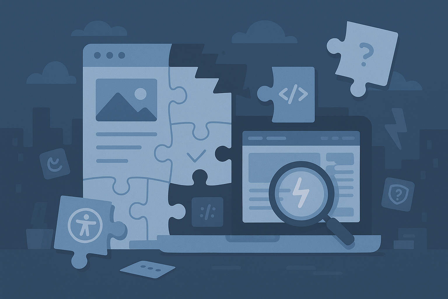Illustration of a website built from puzzle pieces, highlighting missing semantic HTML and accessibility features.