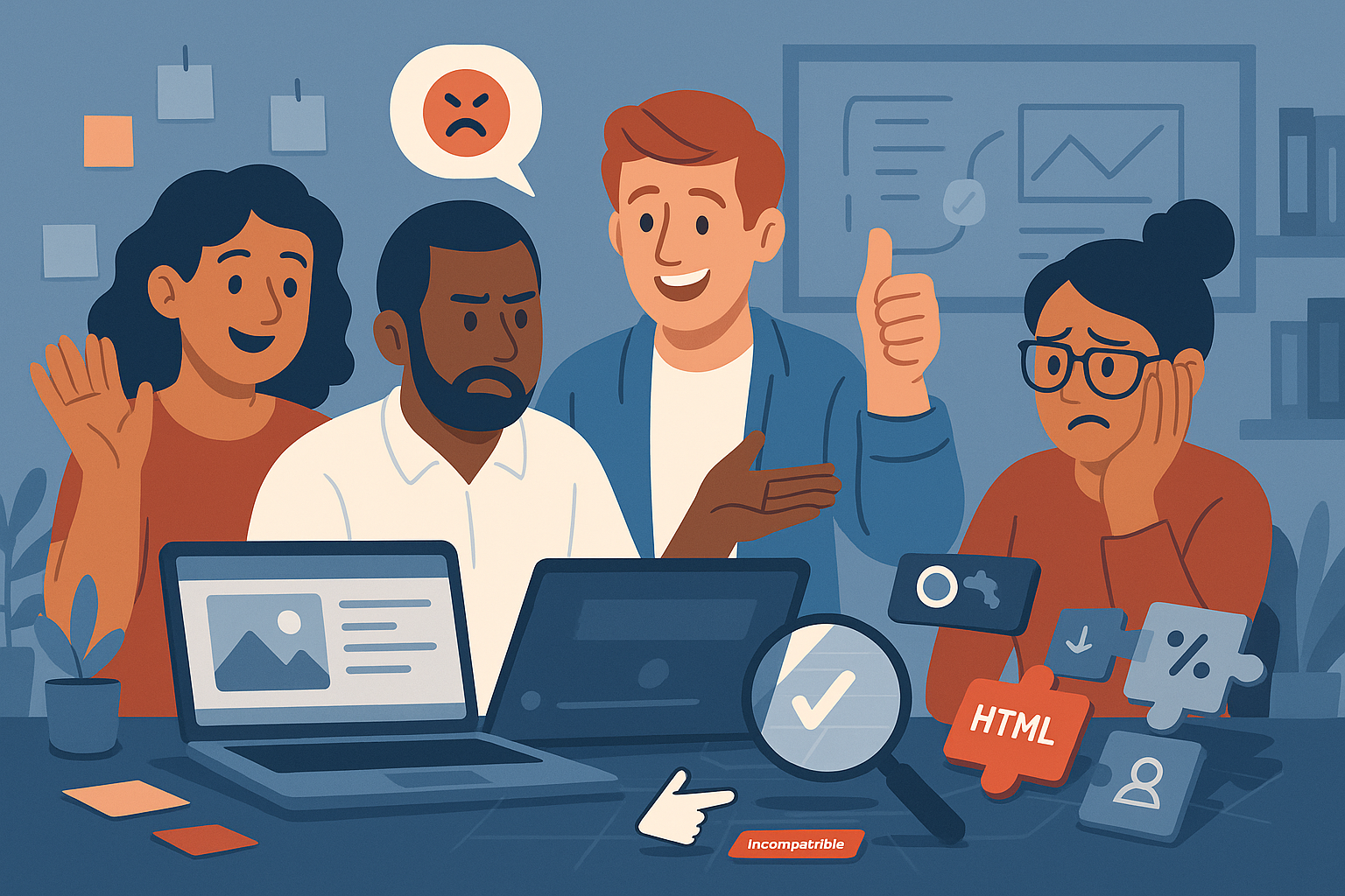 Group of web professionals reacting with mixed emotions to a new website builder tool in an office.