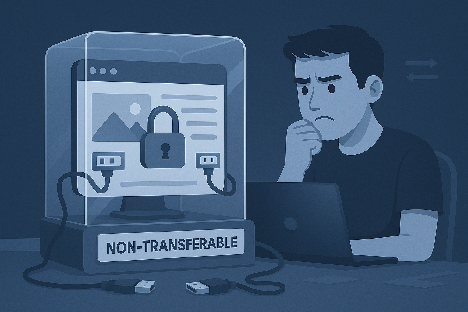 Web developer looking at a locked website in a glass case marked non-transferable, with disconnected cables, illustrating Wix’s lack of site portability.