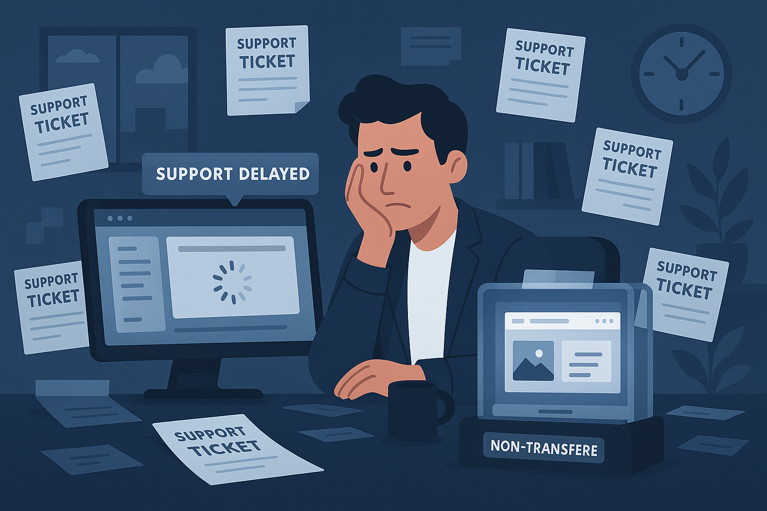 Business owner at desk with piles of support tickets and a slow-loading computer showing a “Support Delayed” message, symbolizing poor Wix customer support.