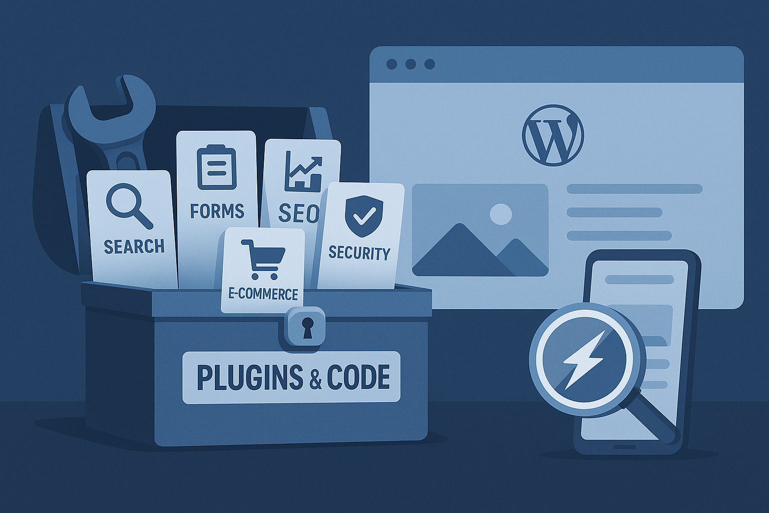 Website features locked in a toolbox marked plugins and code, with an unfinished WordPress site.