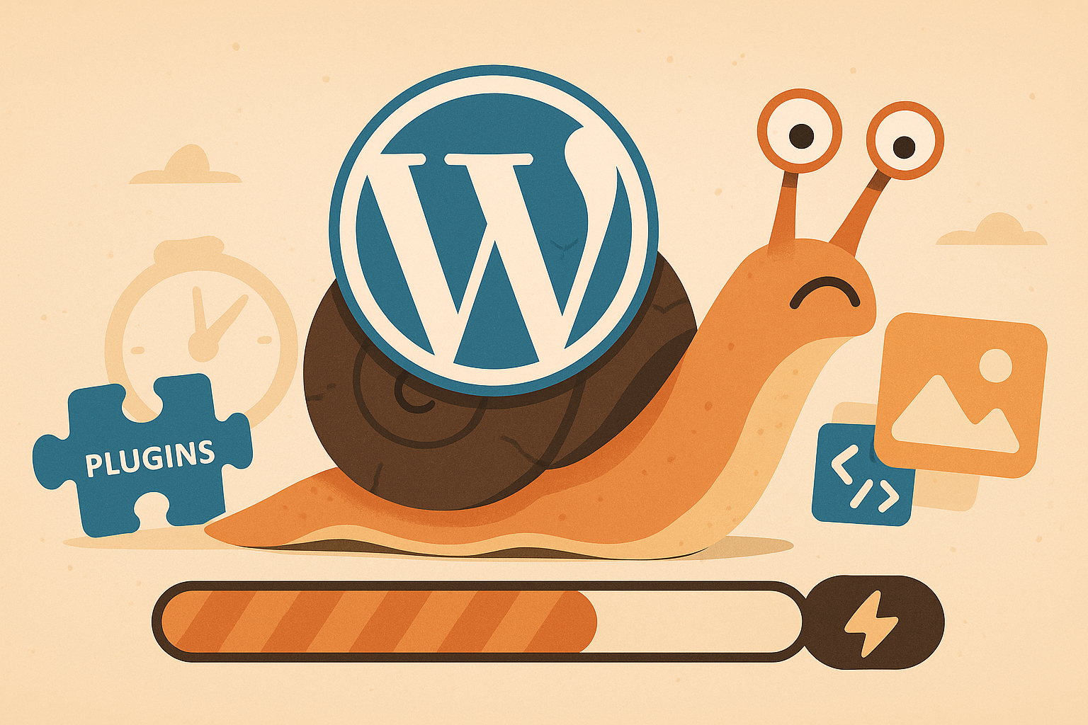 Snail with WordPress logo moving slowly across a loading bar, symbolizing a slow website.
