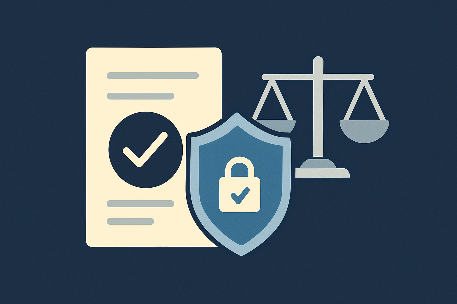Image of a document with a checkmark and shield beside legal scales, indicating email compliance with security standards.