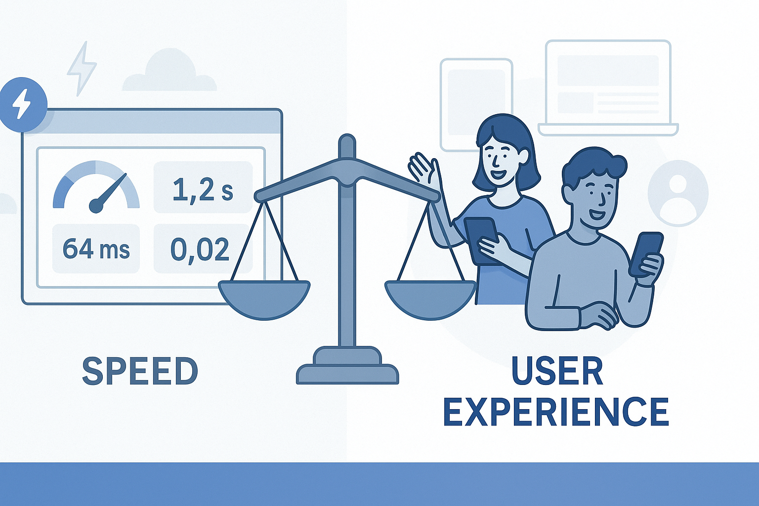 Digital illustration showing a balance scale weighing web speed against user experience, with speedometers and fast-loading websites on one side, and happy users with devices on the other.
