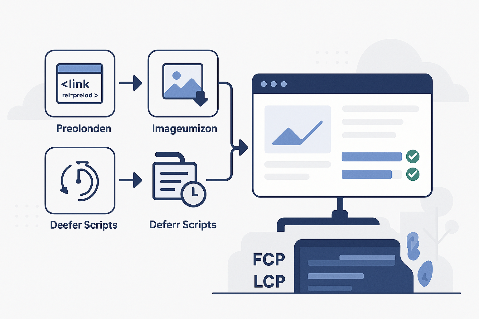 Infographic outlining steps to improve First Contentful Paint (FCP) and Largest Contentful Paint (LCP), including preloading resources, optimizing images, and deferring scripts and CSS, with progress bars indicating better scores.
