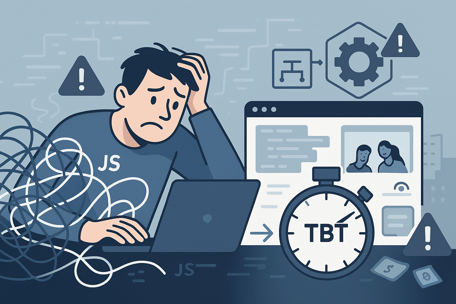 Illustration of a frustrated developer at a desk with tangled code and a stopwatch labeled TBT, symbolizing the difficulty of reducing Total Blocking Time in website performance.