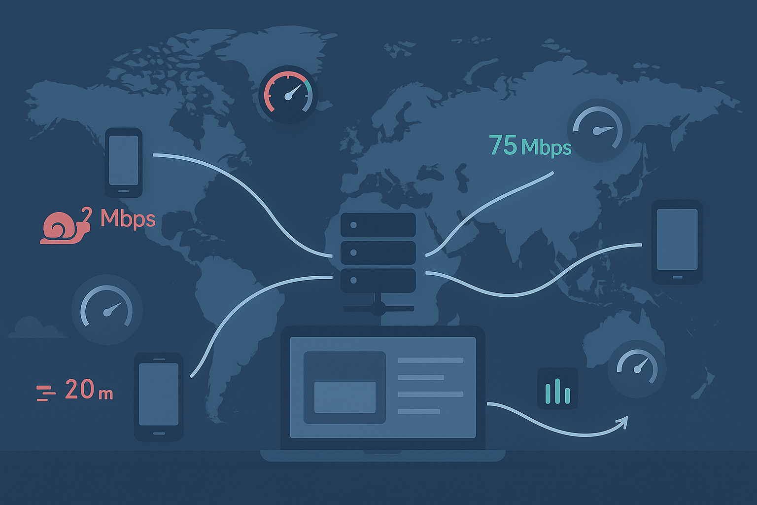 World map with devices testing website speed from various locations and connection types.