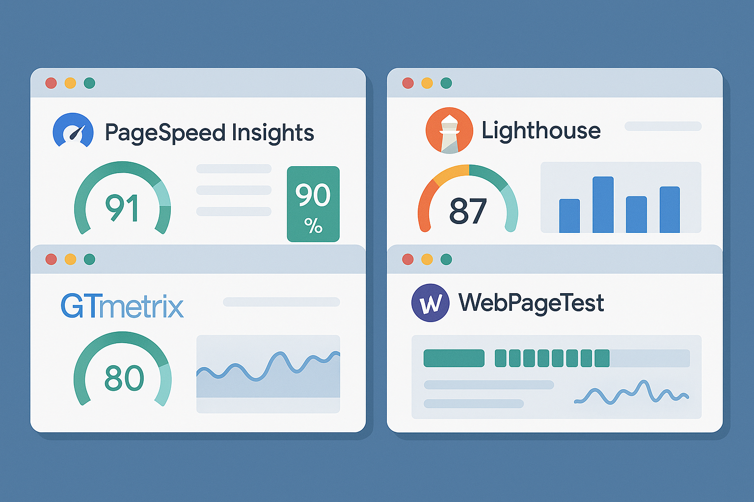 Multiple browser windows showing dashboards of different website speed testing tools.
