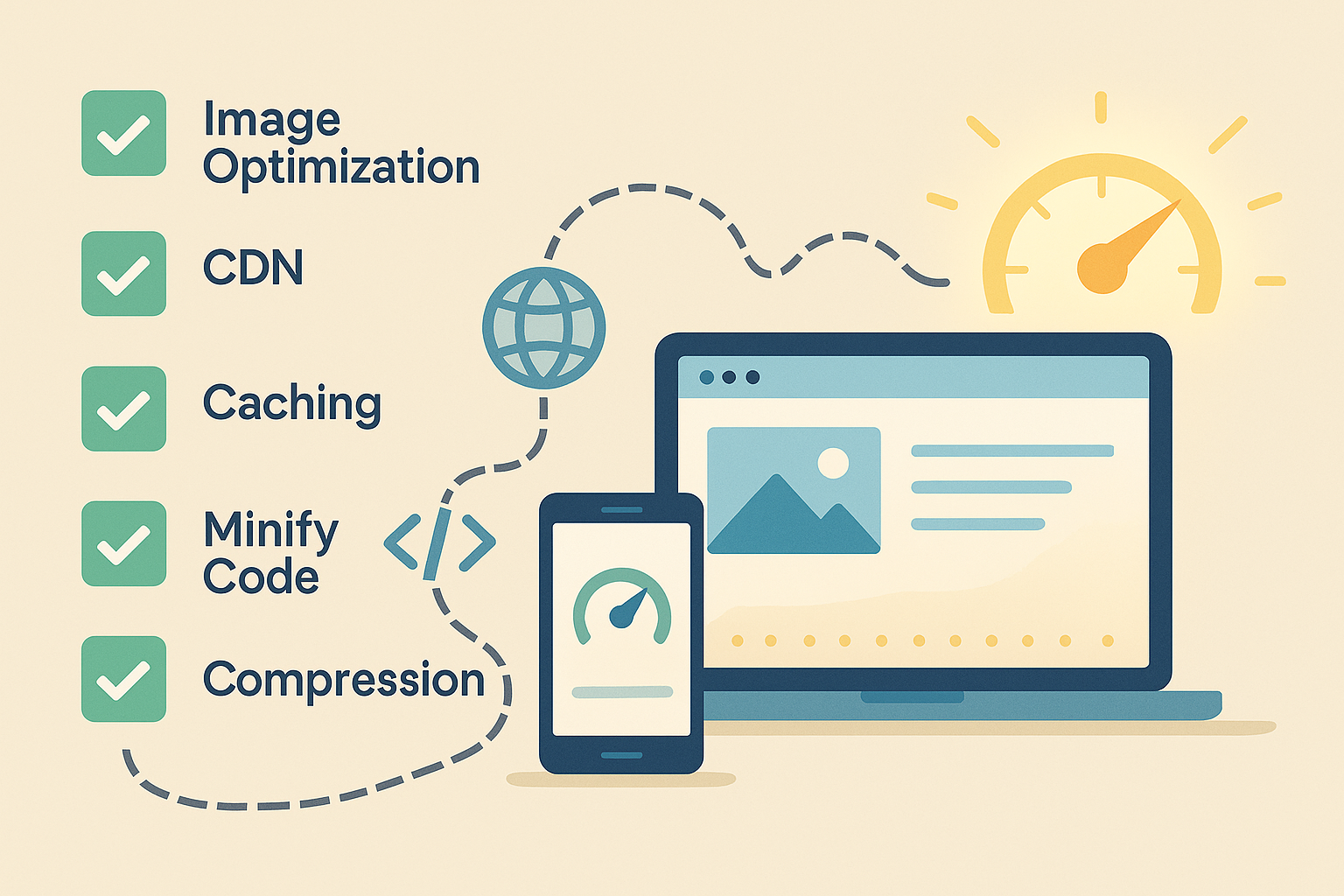 Illustrated checklist of website speed improvement tips leading to a faster website.