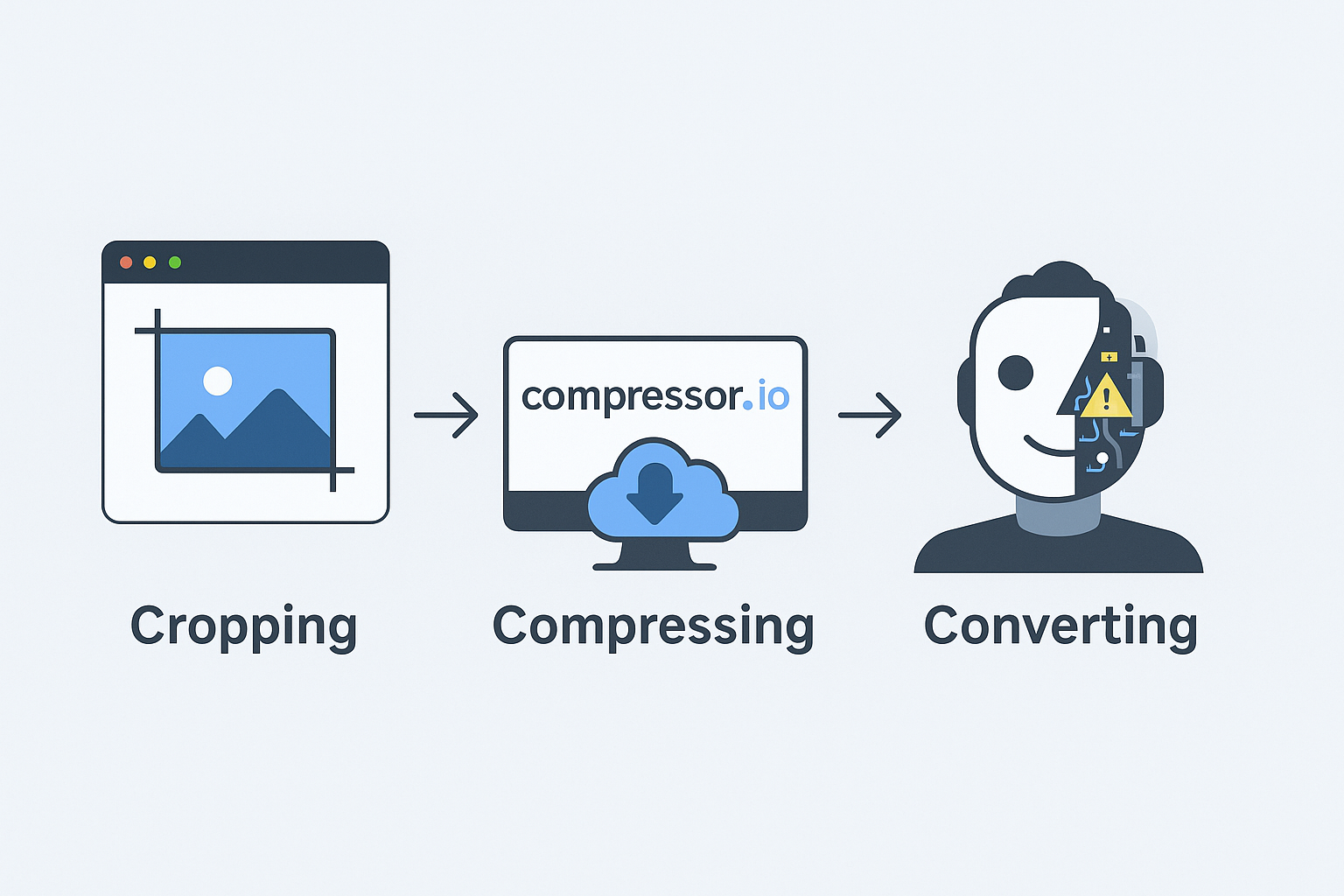 Diagram showing how the HTML picture element serves different images to mobile and desktop devices with labeled source tags and a fallback image.