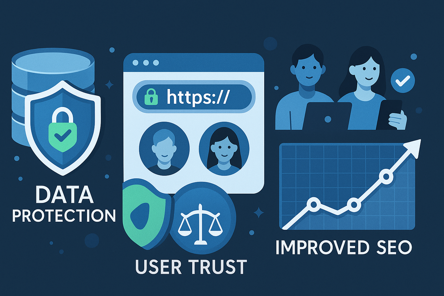 Infographic depicting the importance of SSL certificates: shield for data protection, padlock for security, user trust, and an SEO improvement chart.