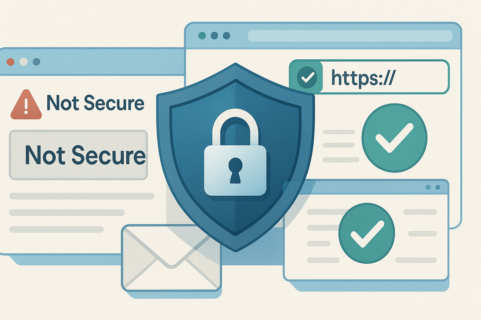 Illustration of a website protected by SSL with a shield, checkmarks for security, and warning sign for “Not Secure” websites.