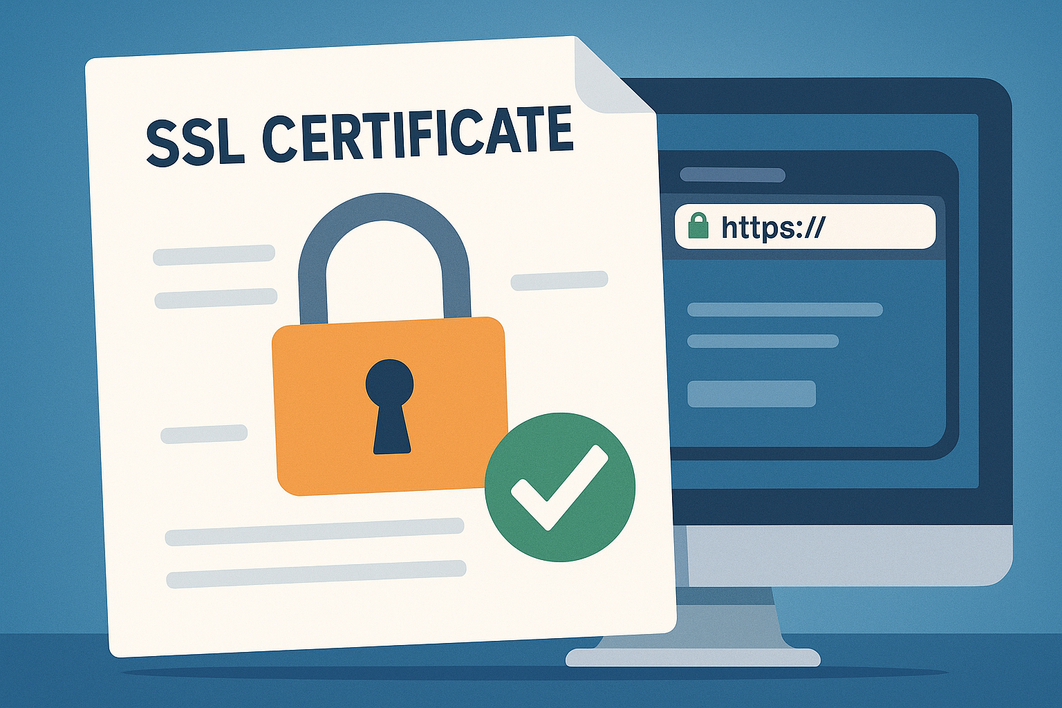 SSL certificate document with a padlock and checkmark over a computer screen showing a secure HTTPS website.