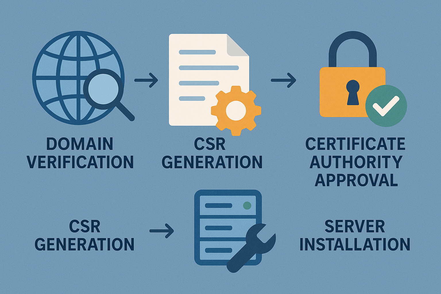 Infographic illustrating the process of obtaining and installing an SSL email certificate with step-by-step icons.