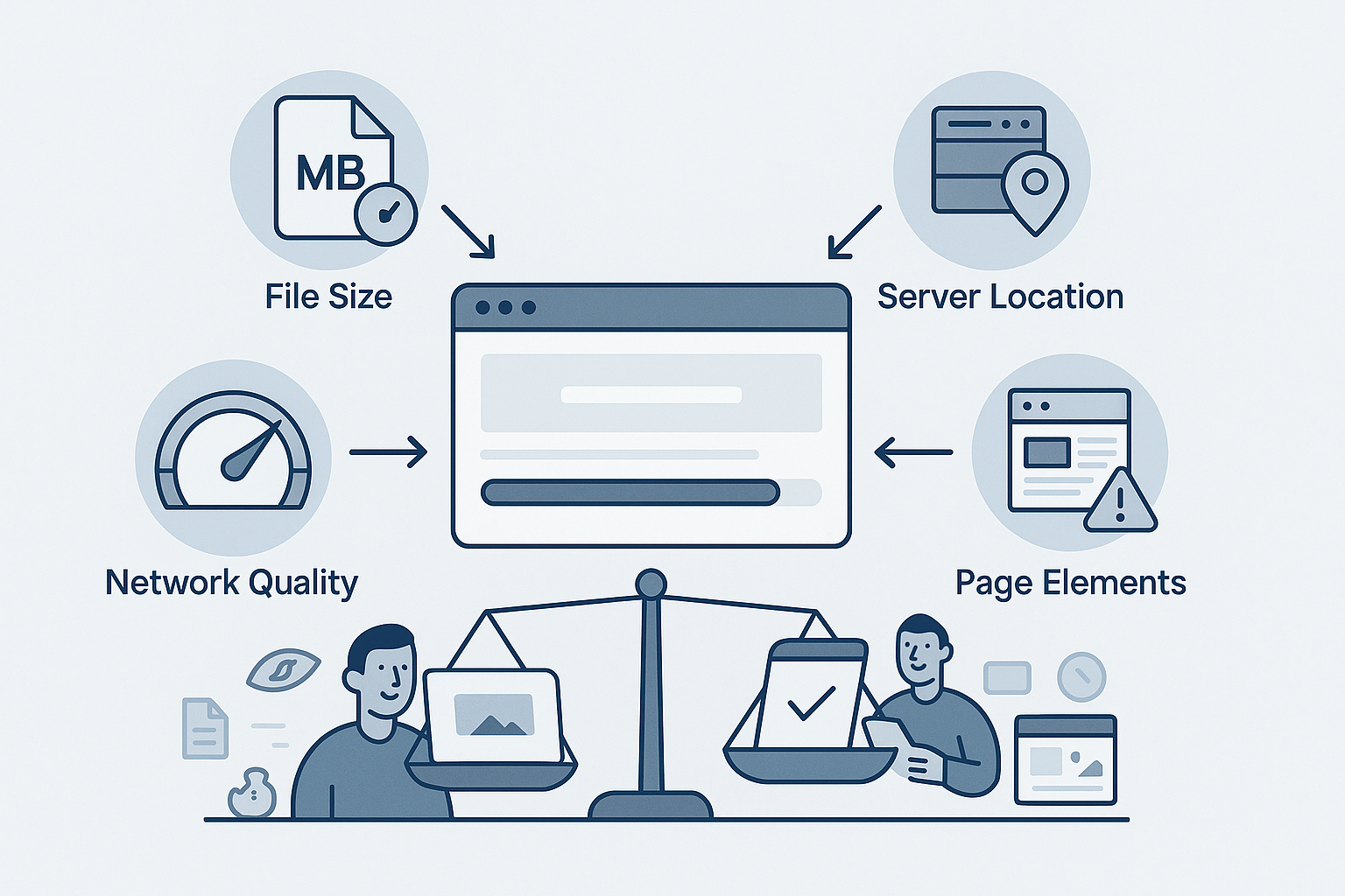 Infographic showing key factors that affect site speed, such as file size, network quality, server location, and web page resources.