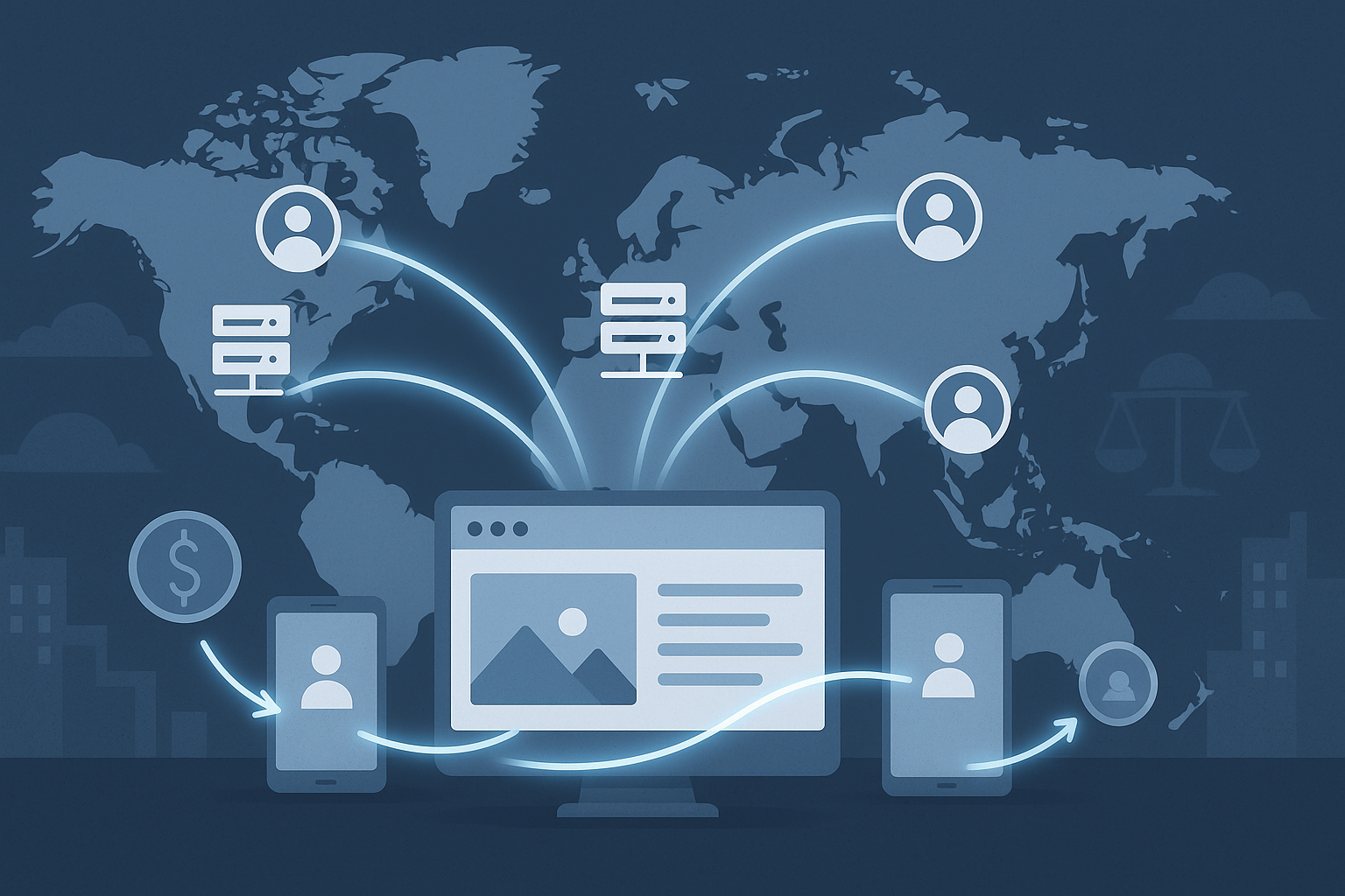 Stylized map showing CDN server nodes worldwide, delivering web content quickly and reliably to users in multiple regions.