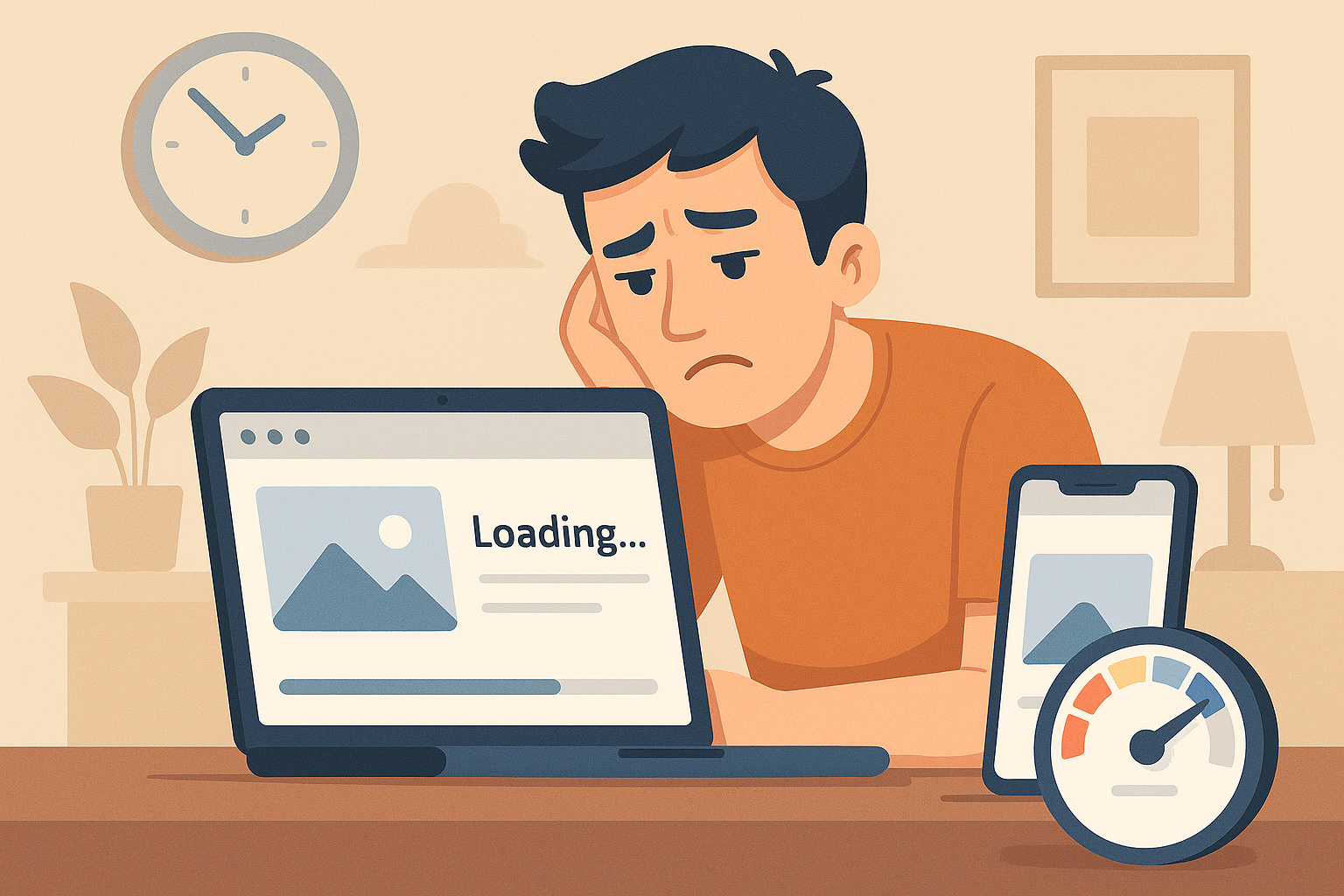 Impatient user waiting for a slow website to load with clock in background