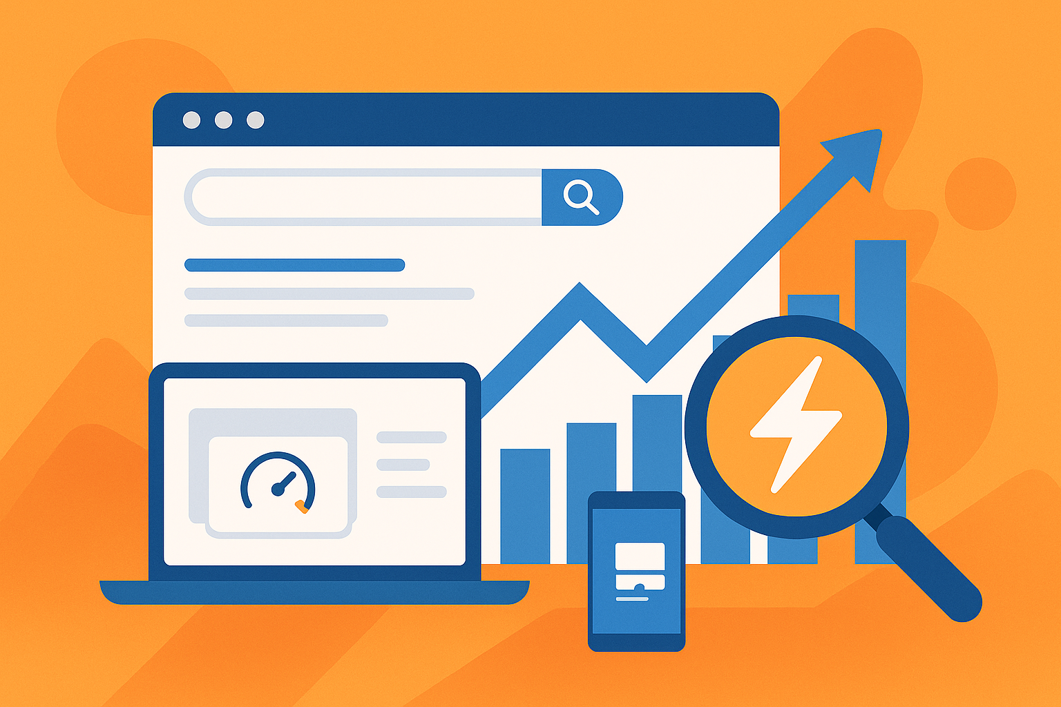 SEO graph rising with search results and magnifying glass over lightning bolt