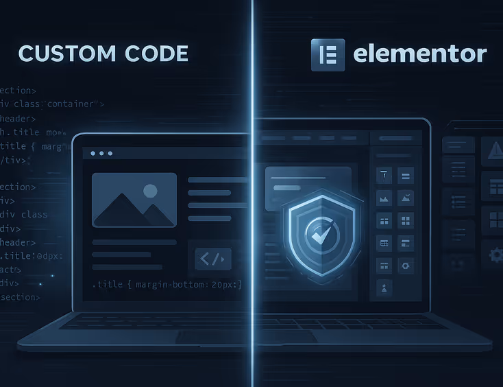Illustration comparing custom website coding and a drag-and-drop website builder interface, emphasizing technical and design differences.