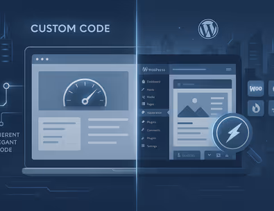 Split-screen comparison of custom website coding versus WordPress dashboard, representing key differences in web development approaches.