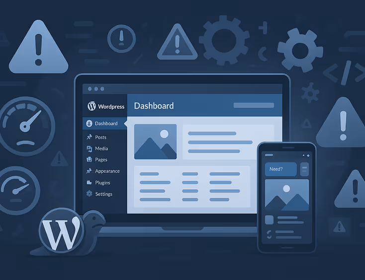 WordPress dashboard with technical challenge icons representing Elementor Pro disadvantages