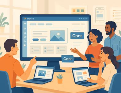 Designers collaborating in a modern studio with Figma website builder interface on display.