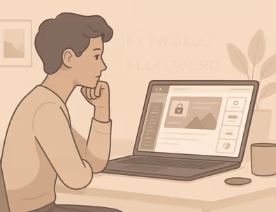 Person evaluating Squarespace website builder at a modern desk, reflecting on its pros and cons.