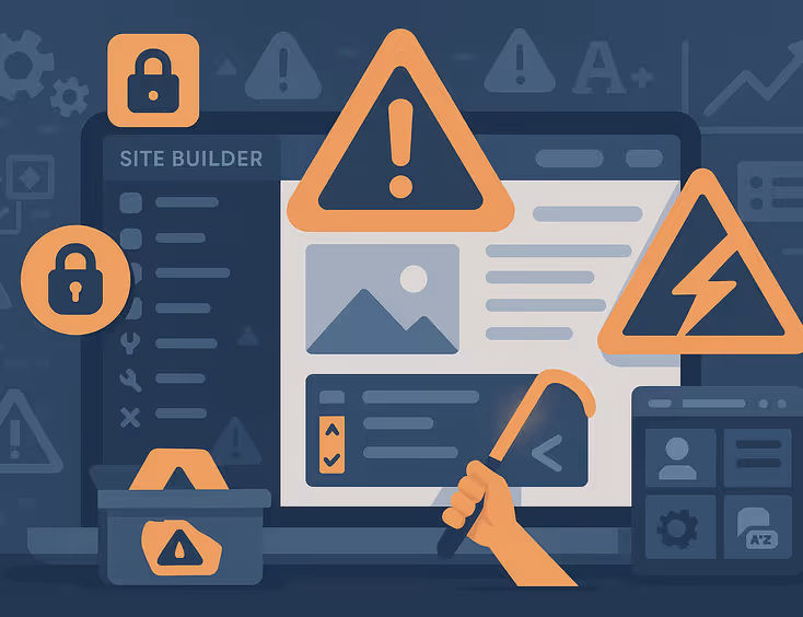 Illustration showing website builder dashboard with technical warning signs and caution symbols, representing Wix’s platform limitations.