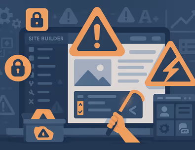 Illustration showing website builder dashboard with technical warning signs and caution symbols, representing Wix’s platform limitations.