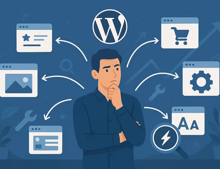 Person considering various website options with WordPress logo and digital icons.