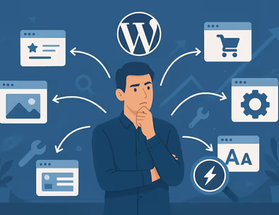 Person considering various website options with WordPress logo and digital icons.