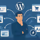 Person considering various website options with WordPress logo and digital icons.