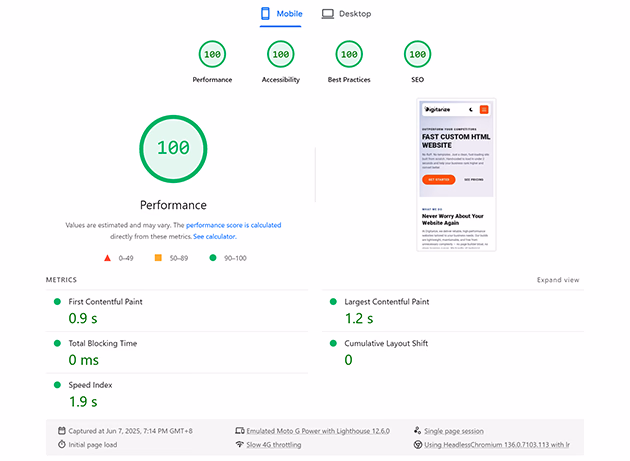 a screenshot showing perfect Google pagespeed scores