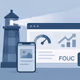 Modern illustration of a lighthouse shining a beam of light onto a web browser window displaying performance gauges and analytics charts, with abstract icons for code and user experience in the background.