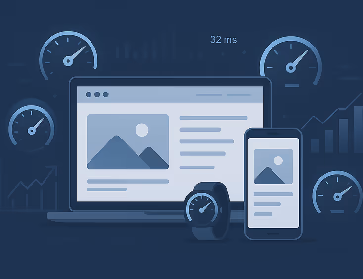 Modern laptop and smartphone showing a fast website, surrounded by speed and performance icons.