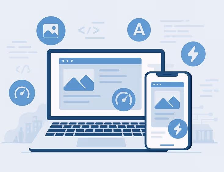 Illustration of a laptop and smartphone displaying a fast-loading website, surrounded by icons for images, fonts, and speed, on a tech-inspired background.