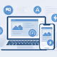 Illustration of a laptop and smartphone displaying a fast-loading website, surrounded by icons for images, fonts, and speed, on a tech-inspired background.