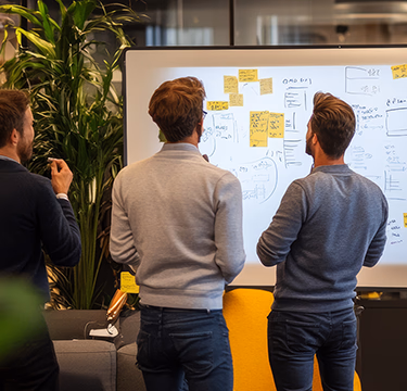 A team of web developers and designers collaborating around a whiteboard covered with sticky notes and UI wireframes during a website project planning session.