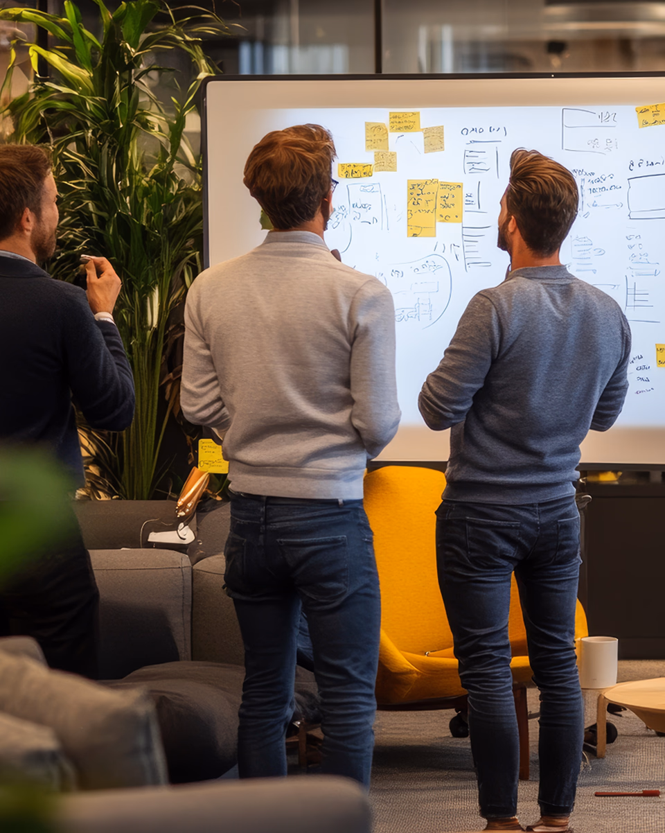 A team of web developers and designers collaborating around a whiteboard covered with sticky notes and UI wireframes during a website project planning session.