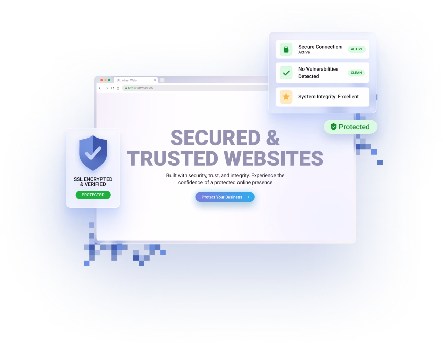 Website development service mockup showcasing secure code architecture with an SSL encrypted verification badge, active secure connection alerts, and clean vulnerability scan reports.