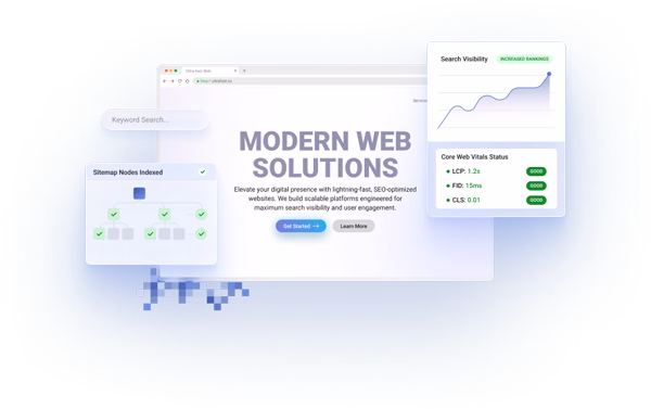 Website development service mockup displaying an SEO-optimized webpage template alongside a Core Web Vitals performance status dashboard, climbing search visibility graph, and a sitemap nodes indexation diagram.