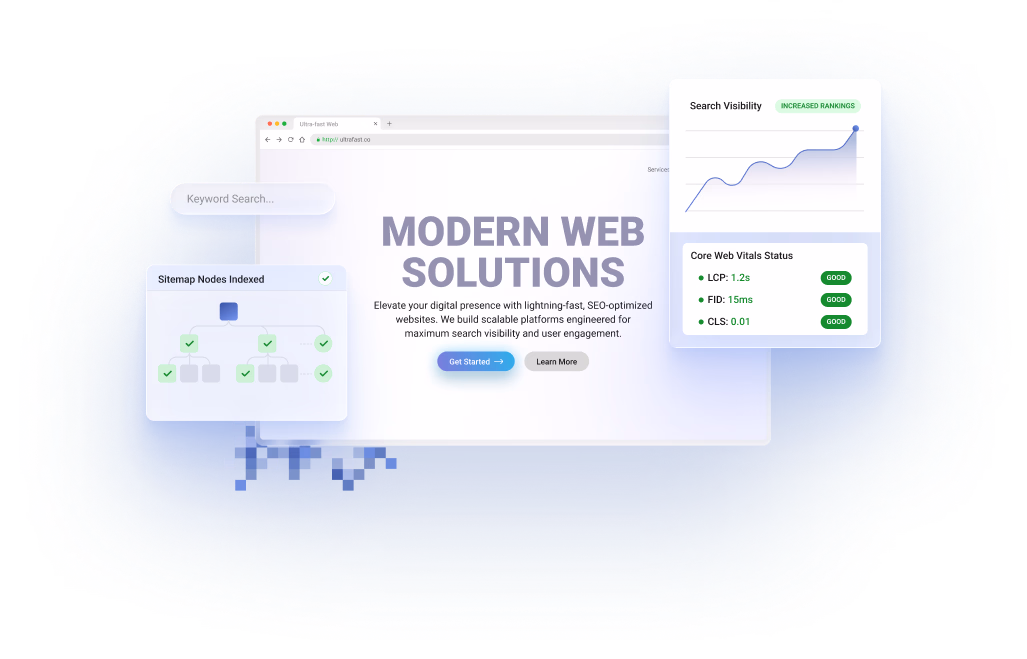Website development service mockup displaying an SEO-optimized webpage template alongside a Core Web Vitals performance status dashboard, climbing search visibility graph, and a sitemap nodes indexation diagram.