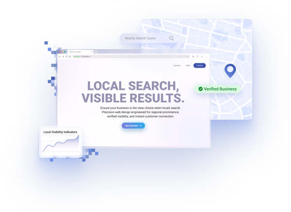 Website development service mockup showcasing local SEO optimization tools, including a floating street map with a location pin, a verified business checkmark badge, and a local search visibility growth graph.