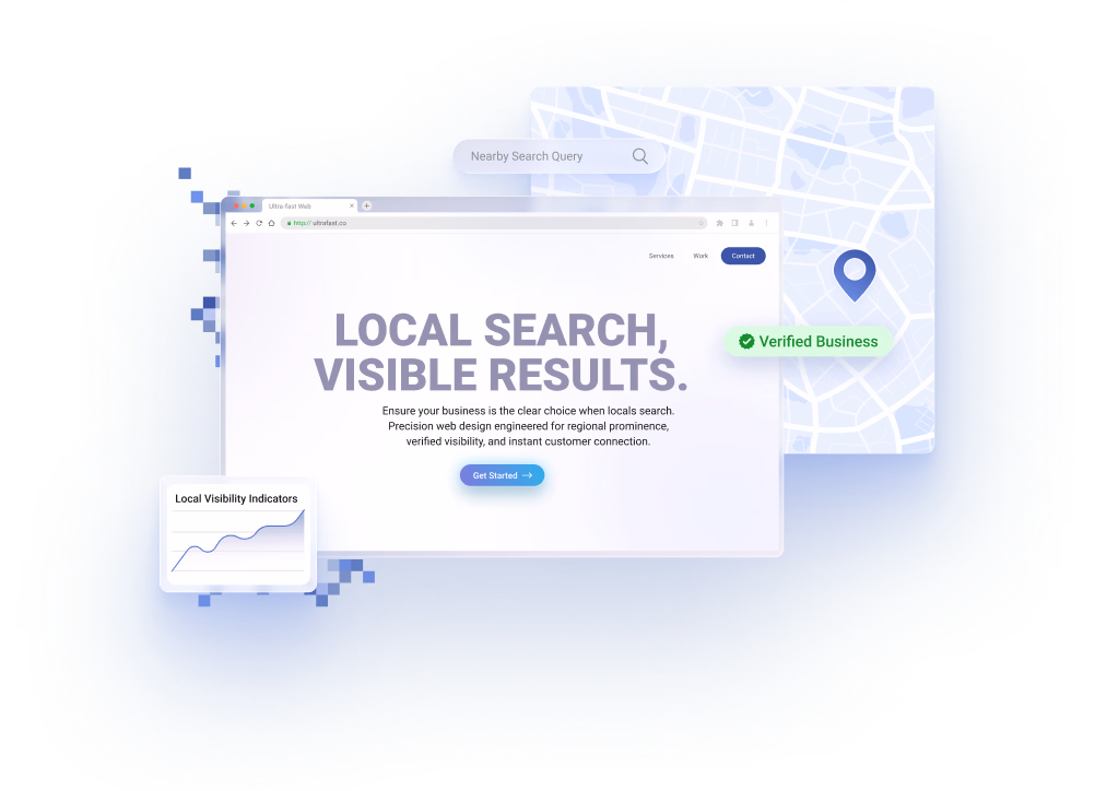Website development service mockup showcasing local SEO optimization tools, including a floating street map with a location pin, a verified business checkmark badge, and a local search visibility growth graph.