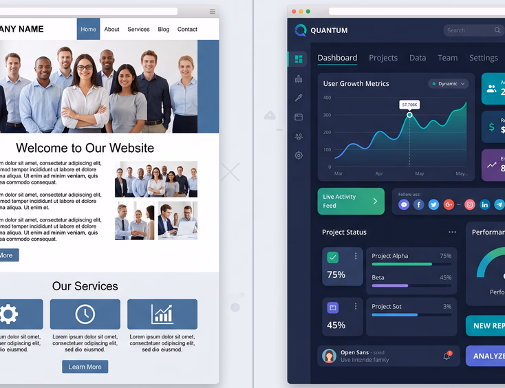 Split-screen showing generic pre-made layout versus custom high-end engineered UI with interactive elements in modern flat design aesthetic