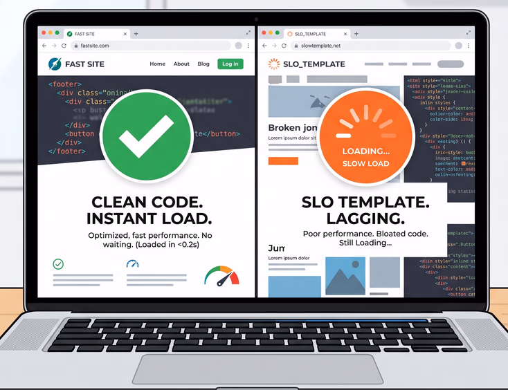 Fast-loading clean-coded webpage with checkmark versus slow lagging template with loading icon comparison in minimalist vector art style