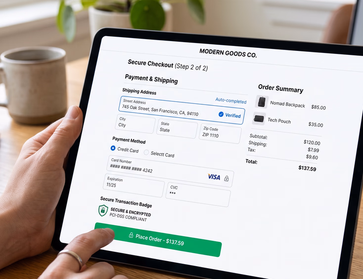 Modern high-converting e-commerce checkout interface on tablet with single-page payment fields, auto-complete address, and security badge