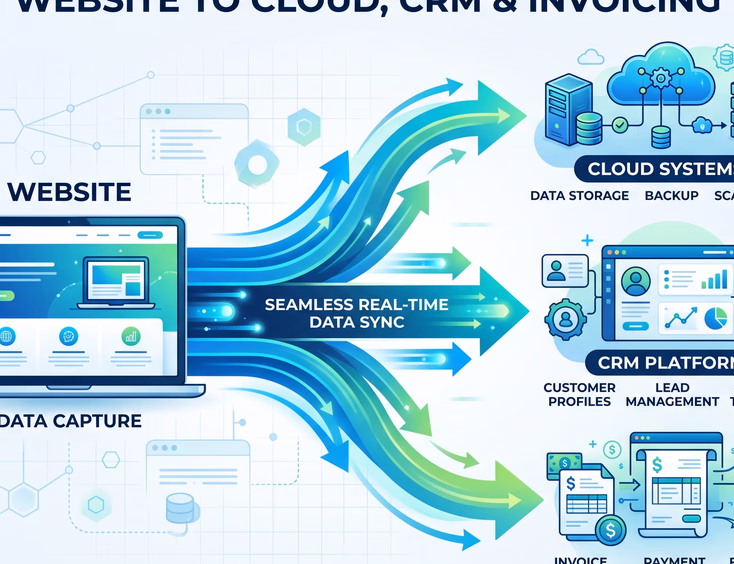 Website data syncing seamlessly to cloud systems, CRM platforms, and automatic invoices in real-time shown in clean tech illustration design