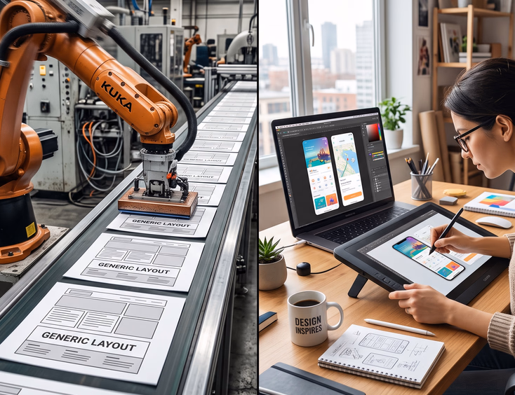 Split-screen robotic arm stamping identical generic web layouts versus human designer meticulously crafting custom UI on modern desk