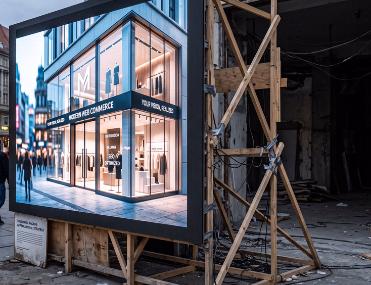 Beautiful glass storefront facade hiding hollow supports and empty space, symbolizing website that looks great but lacks user strategy